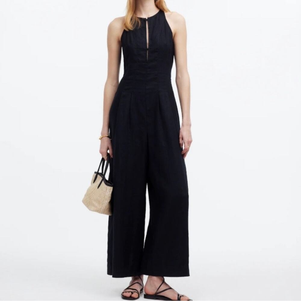 madewell seamed wide-leg jumpsuit in 100% linen true black np111 women size 8